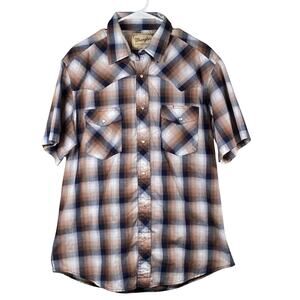 Wrangler Western Shirt Mens Large Brown Plaid Checked Short Sleeve Pearl Snap